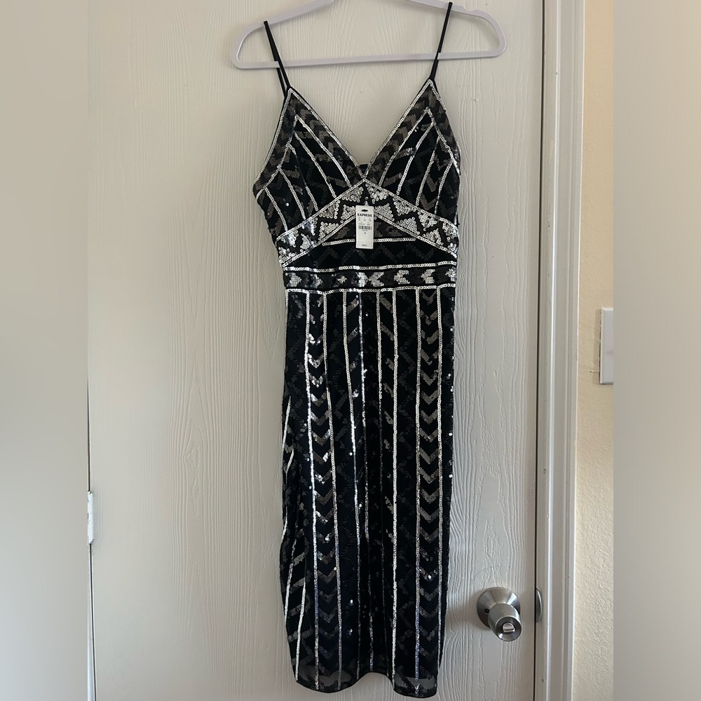 NWT:Express Women’s Med. Black And Silver Sequin Spaghetti Strap